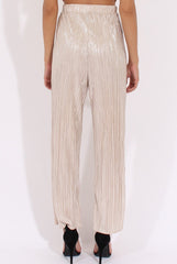 Champagne Metallic Pleated High Waisted Trousers - Phoebe-Trousers