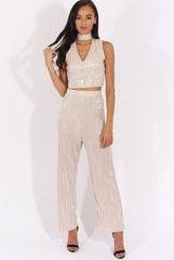 Champagne Metallic Pleated High Waisted Trousers - Phoebe-Trousers