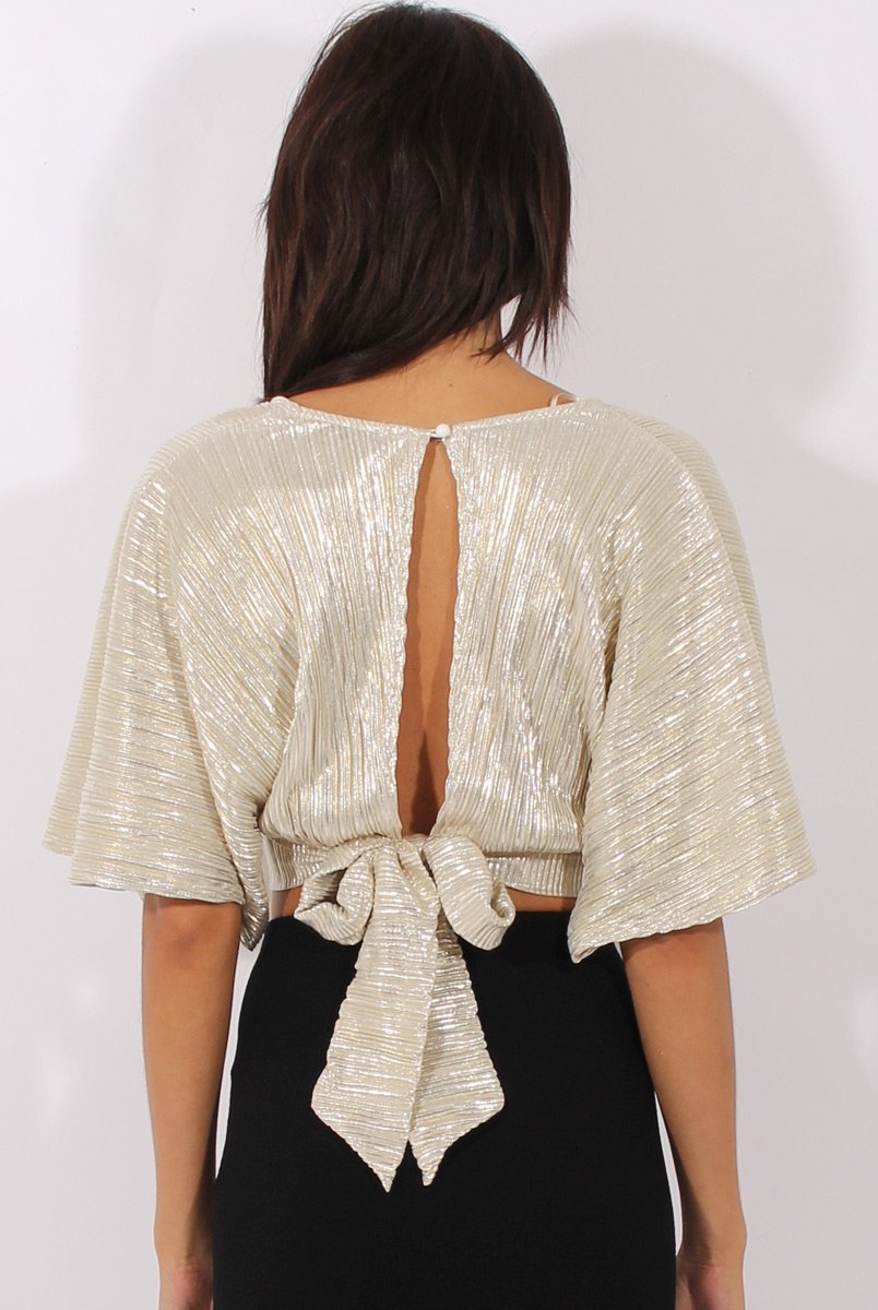 Champagne Metallic Pleated Open Back Crop Top - Mariah-Tops