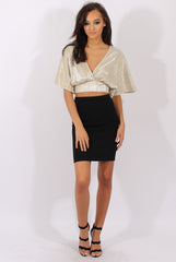 Champagne Metallic Pleated Open Back Crop Top - Mariah-Tops