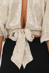 Champagne Metallic Pleated Open Back Crop Top - Mariah-Tops