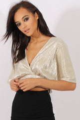 Champagne Metallic Pleated Open Back Crop Top - Mariah-Tops