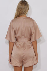 Champagne Satin Plunge Flared Sleeve Tied Waist Playsuit - Crystal-Playsuits