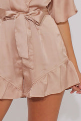 Champagne Satin Plunge Flared Sleeve Tied Waist Playsuit - Crystal-Playsuits