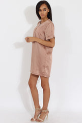 Champagne Satin Zip Tee Dress - Valeria-Dresses