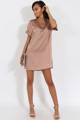 Champagne Satin Zip Tee Dress - Valeria-Dresses