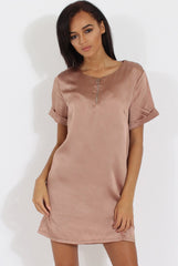 Champagne Satin Zip Tee Dress - Valeria-Dresses