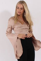 Champagne Silk Flare Sleeves Crop Top - Anise-Crop Tops