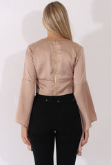 Champagne Silk Flare Sleeves Crop Top - Anise-Crop Tops
