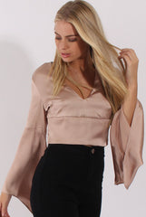 Champagne Silk Flare Sleeves Crop Top - Anise-Crop Tops