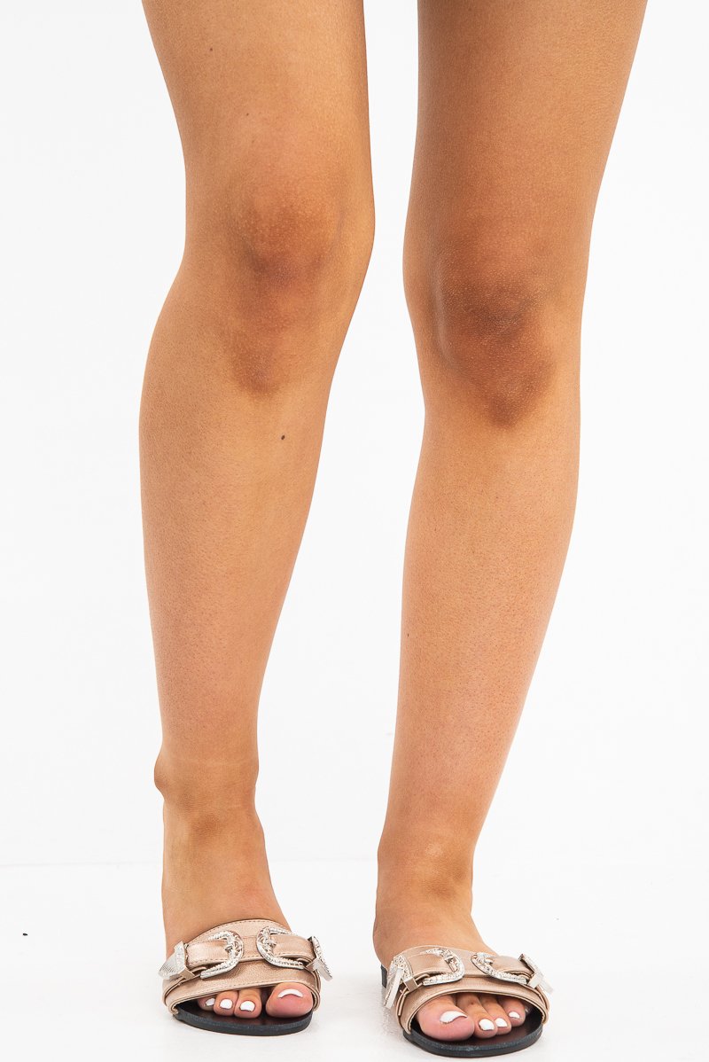 Champagne Western Buckle Sliders - Abiella-Sliders
