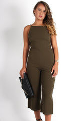 Chantelle Khaki High Neck Culotte Jumpsuit-Jumpsuits
