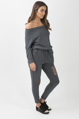 Charcoal Bardot Distressed Jumpsuit - Bethan-Jumpsuits