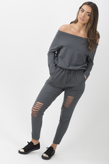 Charcoal Bardot Distressed Jumpsuit - Bethan-Jumpsuits