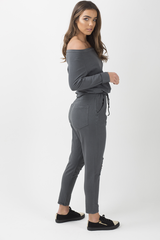 Charcoal Bardot Distressed Jumpsuit - Bethan-Jumpsuits