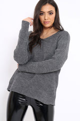 Charcoal Chunky Knit Lace Up Back Jumper - Perrie-Knitwear