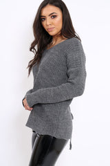 Charcoal Chunky Knit Lace Up Back Jumper - Perrie-Knitwear
