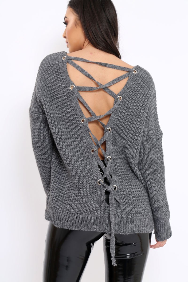 Charcoal Chunky Knit Lace Up Back Jumper - Perrie-Knitwear