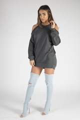 Charcoal Cold Shoulder Distressed Jumper Dress - Kylie-Jumper