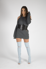 Charcoal Cold Shoulder Distressed Jumper Dress - Kylie-Jumper