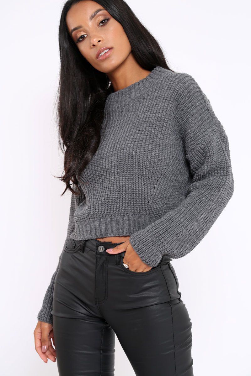 Charcoal Cropped Knitted Jumper - Hennie-Jumper