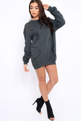 Charcoal Distressed Detail Sweatshirt Jumper Dress - Ivy-Jumper