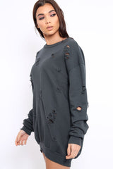 Charcoal Distressed Detail Sweatshirt Jumper Dress - Ivy-Jumper