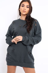 Charcoal Distressed Detail Sweatshirt Jumper Dress - Ivy-Jumper