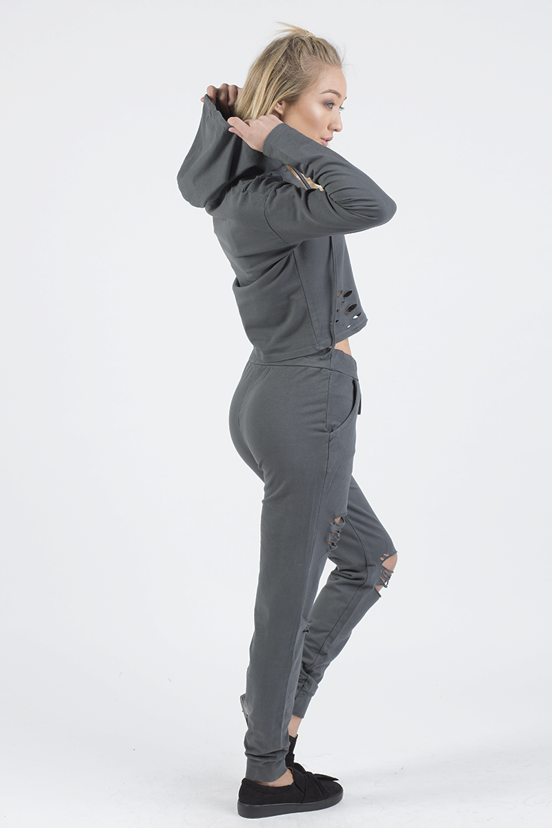 Charcoal Distressed Hoodie Tracksuit - Mollie-Tracksuits