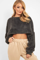 Charcoal Fluffy Long Sleeve Crop Jumper - Noura-Crop Jumper