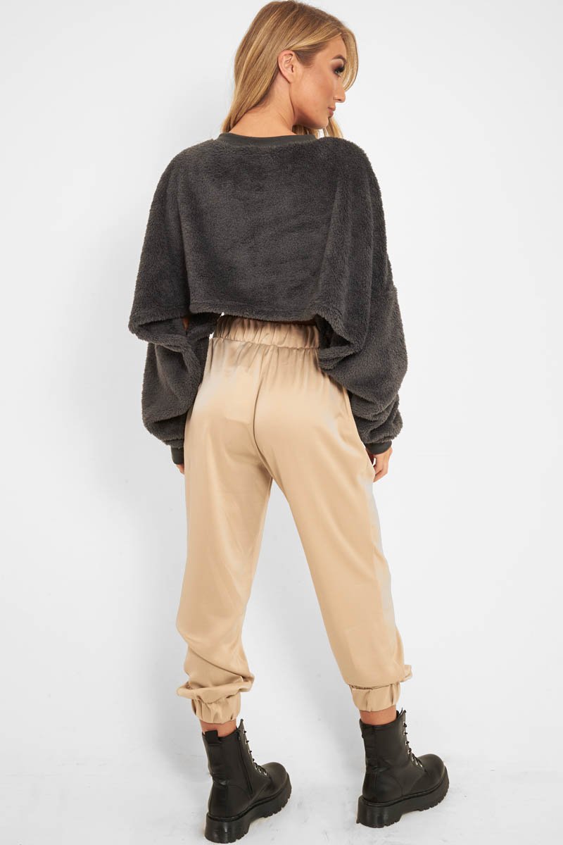 Charcoal Fluffy Long Sleeve Crop Jumper - Noura-Crop Jumper