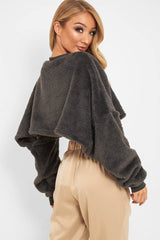 Charcoal Fluffy Long Sleeve Crop Jumper - Noura-Crop Jumper