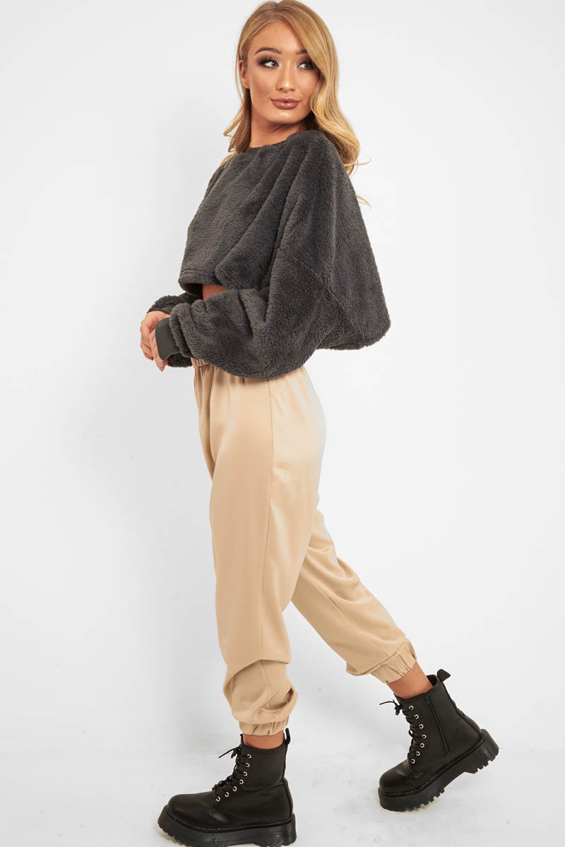 Charcoal Fluffy Long Sleeve Crop Jumper - Noura-Crop Jumper
