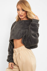 Charcoal Fluffy Long Sleeve Crop Jumper - Noura-Crop Jumper