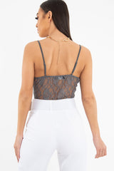 Charcoal Lace Flower Bodysuit - Faylen-Bodysuits