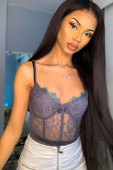 Charcoal Lace Flower Bodysuit - Faylen-Bodysuits