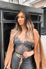 Charcoal Lace Flower Bodysuit - Faylen-Bodysuits