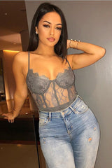 Charcoal Lace Flower Bodysuit - Faylen-Bodysuits