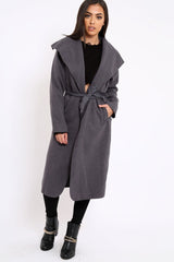 Charcoal Long Length Waterfall Belted Coat - Cindy-Coats