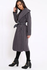 Charcoal Long Length Waterfall Belted Coat - Cindy-Coats