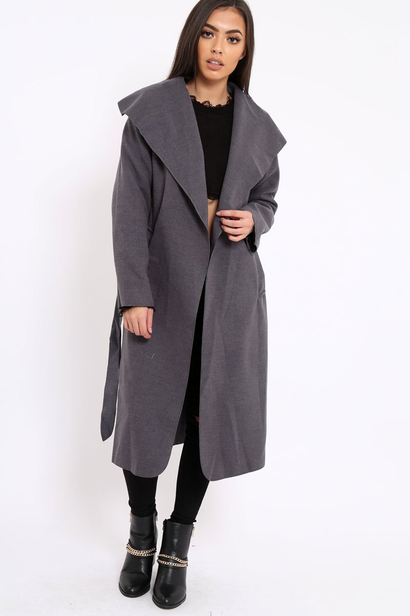 Charcoal Long Length Waterfall Belted Coat - Cindy-Coats