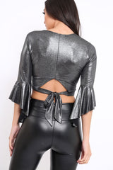 Charcoal Metallic Plunge Bell Sleeve Crop Top - Merla-Crop Tops