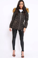 Charcoal Padded Coat With Faux Fur Trim Hood - Jocelyn-Coats
