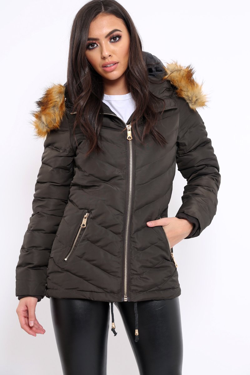 Charcoal Padded Coat With Faux Fur Trim Hood - Jocelyn-Coats