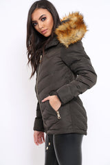 Charcoal Padded Coat With Faux Fur Trim Hood - Jocelyn-Coats