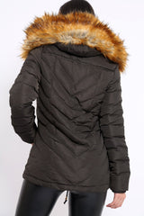Charcoal Padded Coat With Faux Fur Trim Hood - Jocelyn-Coats