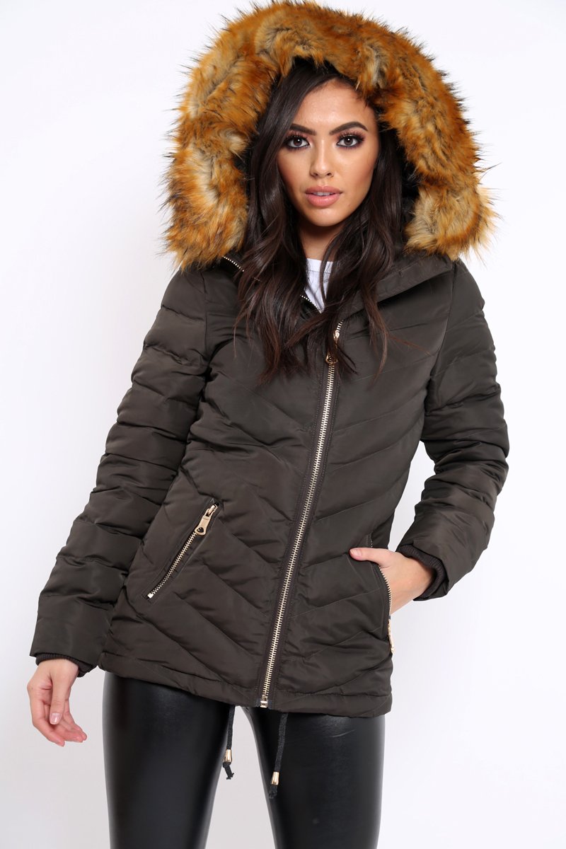 Charcoal Padded Coat With Faux Fur Trim Hood - Jocelyn-Coats