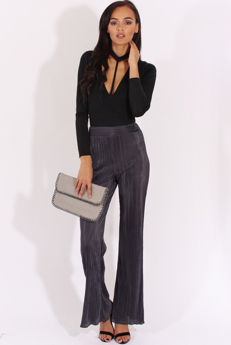 Charcoal Pleated Long High Waisted Trousers - Jojo-Trousers
