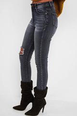 Charcoal Ripped Knee Skinny Jeans - Emerlee-Jeans