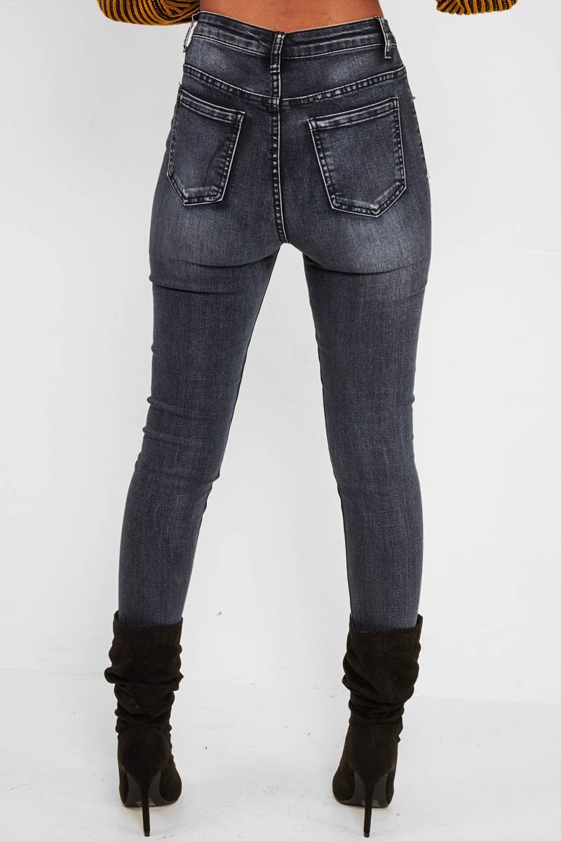 Charcoal Ripped Knee Skinny Jeans - Emerlee-Jeans